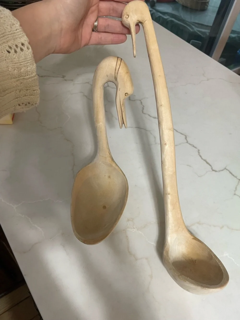 Hand-Carved Wooden duck Ladles - Set of 2 - Light Natural Wood